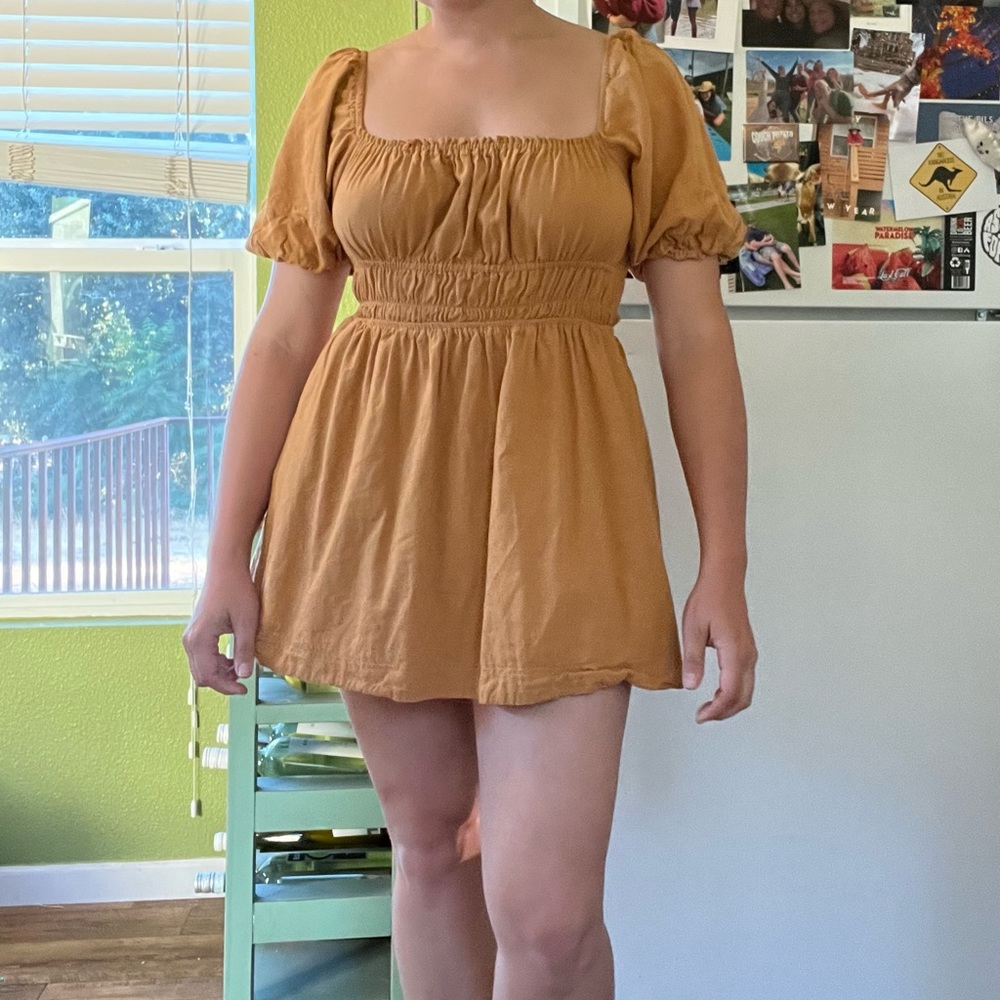 Puffed sleeve, tie-back, ruched mini dress💛✨💛